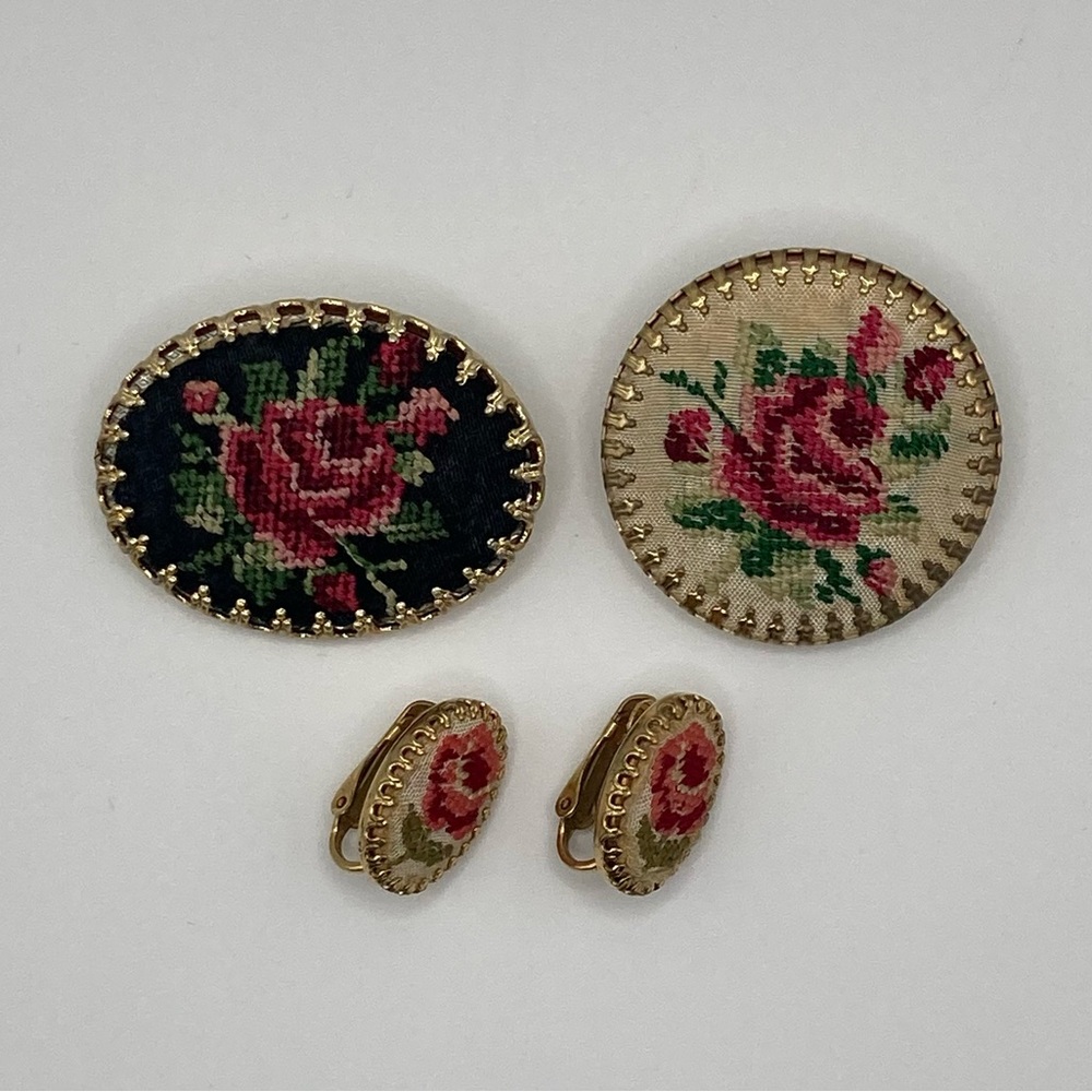 Estate Floral Brooch and Earring Set - Gold and Pink